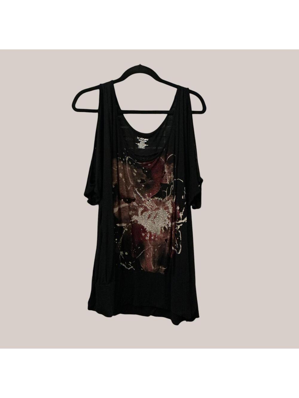 Lane Bryant Black Cold Shoulder Rayon Top with Floral Print and Rhinestones - Picture 3 of 4